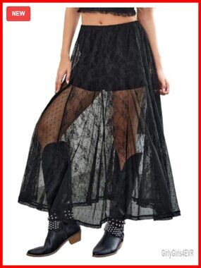 Lace Sheer Long Maxi A-Line Gothic Skirt 100% Polyamide
